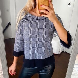 🔘 BETTY BARCLAY BLACK WHITE HOUNDSTOOTH PLAID KNIT SWEATER!